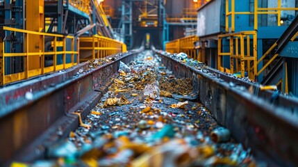 Industrial Railway Tracks with Debris and Litter in a Factory Setting, Highlighting Environmental Pollution and Urban Decay in an Industrial Zone