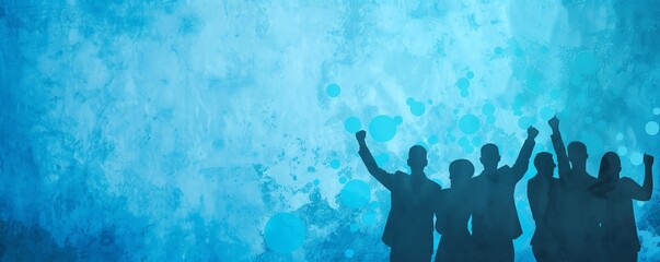 A silhouette of a business team celebrating, with abstract confetti and success symbols