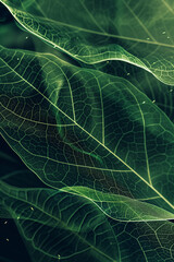 Naklejka premium Abstract Ethereal Translucent Green Leaves with Veins on Dark Background. Nature and Serenity Concept.
