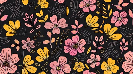 Seamless pastel black, yellow, and pink floral pattern, hand-drawn style