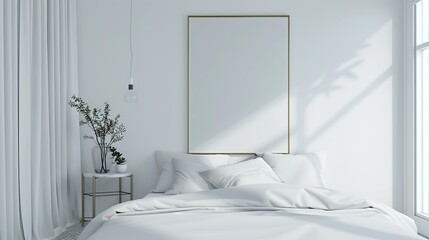 Large white bed with a white comforter and pillows. The room is decorated in a minimalist style with white walls and a white framed picture on the wall