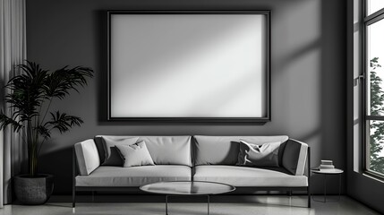 Fototapeta premium A modern living room with a large grey couch, a coffee table, and a chair. The room is decorated with a potted plant and a vase. The room has a minimalist and elegant feel to it