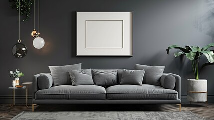 A modern living room with a large grey couch, a coffee table, and a chair. The room is decorated with a potted plant and a vase. The room has a minimalist and elegant feel to it