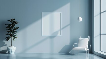 White chair sits in front of a white empty framed photo. The space is light and airy, with large windows letting in lots of natural light