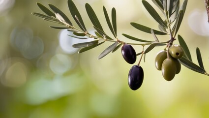 Olives on olive tree with sunlight and bokeh background.