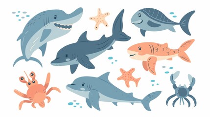 Fototapeta premium Isolated fish and wild marine animals on white background. Cute, funny underwater creatures dolphin, shark, ocean crabs, sea turtles, shrimp. Cartoon illustration.