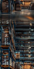 Fototapeta premium 1 A dimly lit warehouse with tall metal shelves packed with cardboard boxes, low angle shot