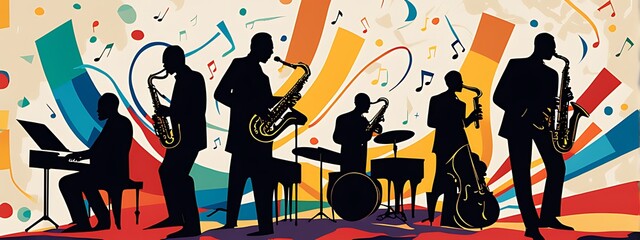 Jazz music poster with band instruments, saxophone, piano, and abstract art
