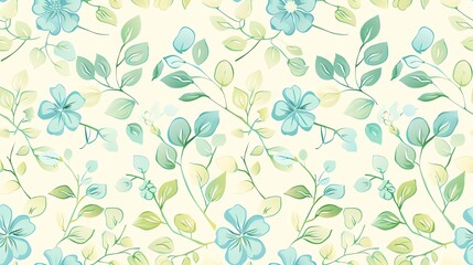 Fototapeta premium Charming hand-drawn floral pattern in soft pastel green and blue, seamless design