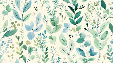 Fototapeta premium Charming seamless pattern of hand-drawn flora in soft pastel green and blue