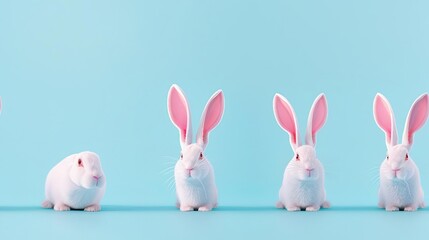 Fototapeta premium 4 White rabbit ears with a soft shadow on a pastel blue background, wide angle