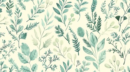 Fototapeta premium Charming seamless pattern of hand-drawn flora in soft pastel green and blue