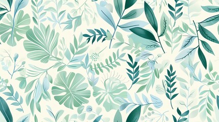 Fototapeta premium Charming seamless pattern of hand-drawn flora in soft pastel green and blue