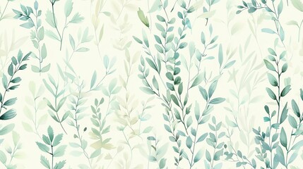 Fototapeta premium Charming seamless pattern of hand-drawn flora in soft pastel green and blue
