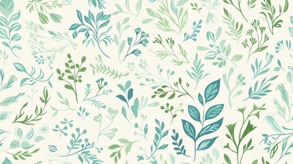 Delicate seamless pattern with hand-drawn flora in pastel green and blue shades