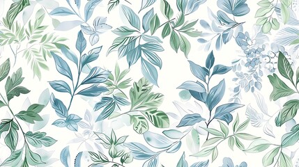 Elegant seamless pattern of hand-drawn flora in pastel green and blue shades