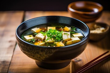 Bowl of miso soup with kelp pieces and tofu on a wooden table