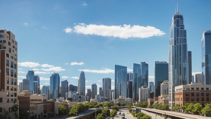 cityscape of a large American city with many skyscrapers.