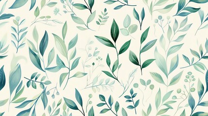 Hand-drawn flora in soft pastel green and blue, seamless pattern design