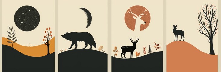 The abstract poster collection features animals such as bears, wolves, foxes, and deer. Contemporary Scandinavian art print templates and ink animal images.