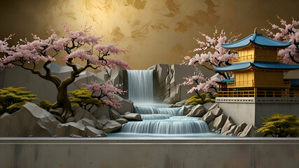 Volumetric stucco molding on a concrete wall with golden elements, Japanese landscape, waterfall, mountains, sakura