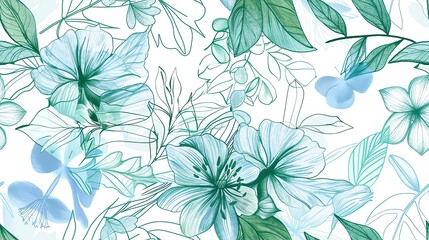 Fototapeta premium Seamless pastel pattern featuring hand-drawn flora in green and blue shades