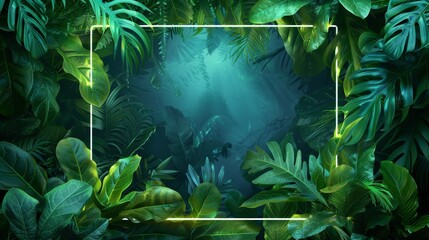 Naklejka premium A creative illustration of a neon frame in the shape of a window, with a view of lush green leaves outside, evoking a sense of freshness and tranquility.