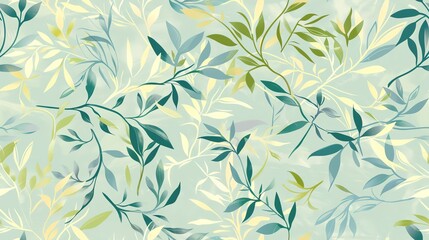 Soft pastel green and blue flora, hand-drawn seamless pattern design