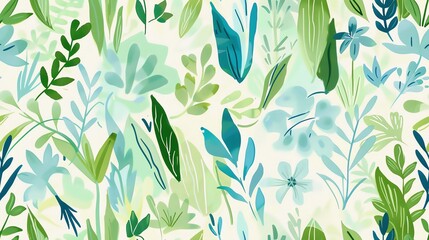 Soft pastel green and blue flora, hand-drawn seamless pattern design