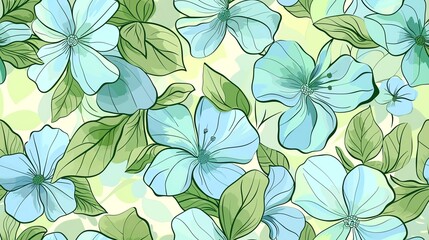 Fototapeta premium Soft pastel green and blue floral design, hand-drawn seamless pattern