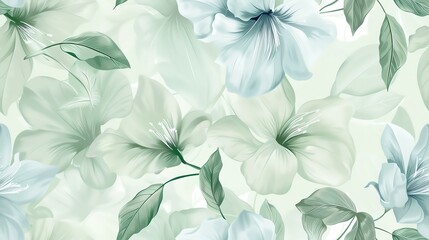 Fototapeta premium Soft pastel green and blue floral design, hand-drawn seamless pattern