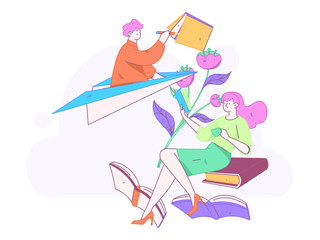 World Book Day Reading Character Flat Vector Concept Operation Hand Drawn Illustration
