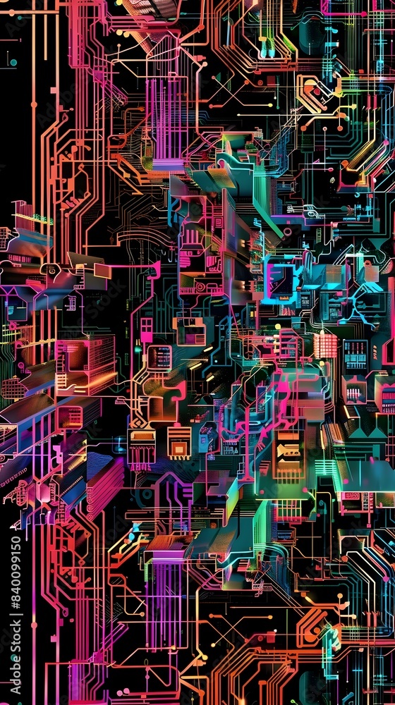 Poster intricate tech circuitry colorful complex computer hardware patterns
