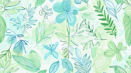 Fototapeta premium Whimsical hand-drawn flora in pastel green and blue, seamless pattern design