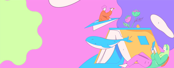 World Book Day Reading Character Flat Vector Concept Operation Hand Drawn Illustration
