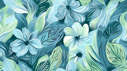 Whimsical pastel green and blue flora, hand-drawn seamless pattern