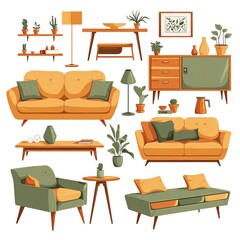 Mid-century modern living room set with stylish furniture and plants in warm colors, perfect for interior design inspiration.