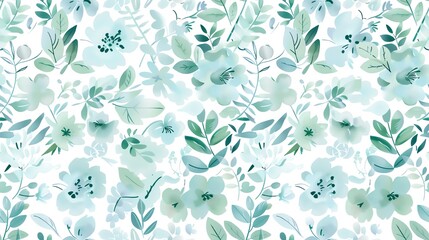 Fototapeta premium Charming hand-drawn flora in soft pastel green and blue, seamless pattern