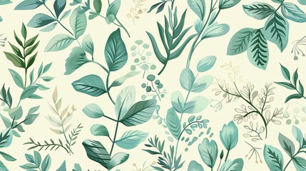 Fototapeta premium Charming hand-drawn flora in soft pastel green and blue, seamless pattern