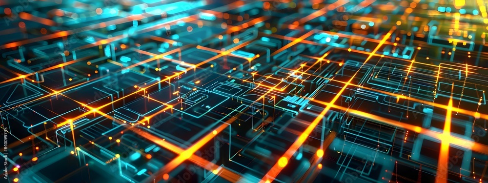 Poster intricate 3d cyber patterns abstract digital network of luminous interconnected shapes and lines fut
