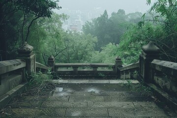 Fototapeta premium Bridge in rain with trees, tranquil and peaceful scene