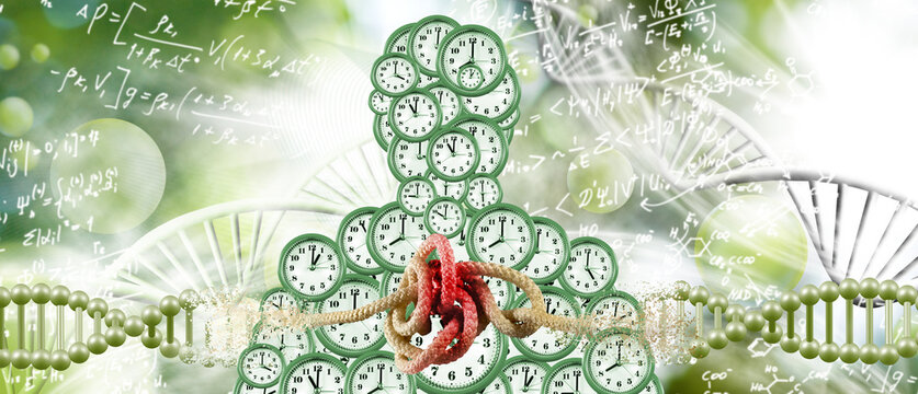 A person is depicted surrounded by clocks, rope, and DNA, all against a background of mathematical equations, suggesting the complex interplay between time, science, and human understanding.