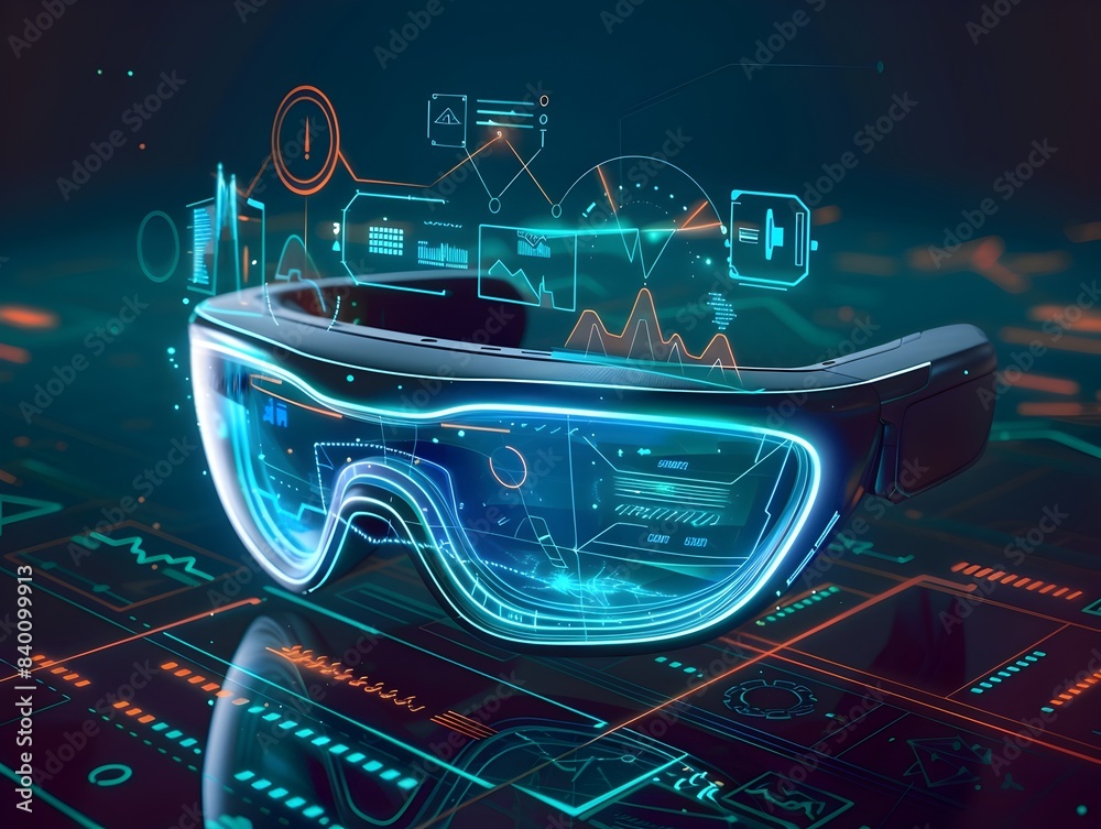 Poster futuristic augmented reality interface with abstract data visualization and holographic elements inn