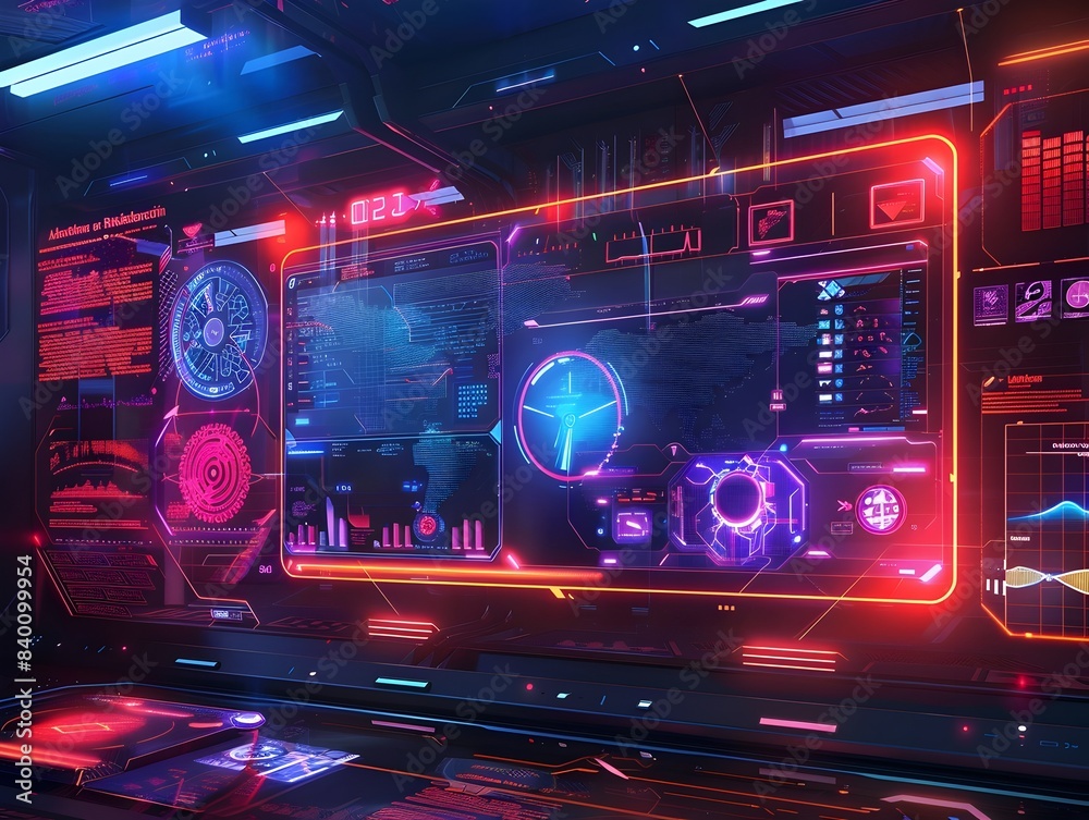 Poster futuristic augmented reality interface with neon infographic dashboard abstract of a high tech digit