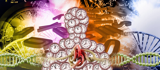 A surreal image depicting a person consumed by clocks, symbolizing the passage of time and its impact on human life, set against a backdrop of scientific equations and DNA strands.