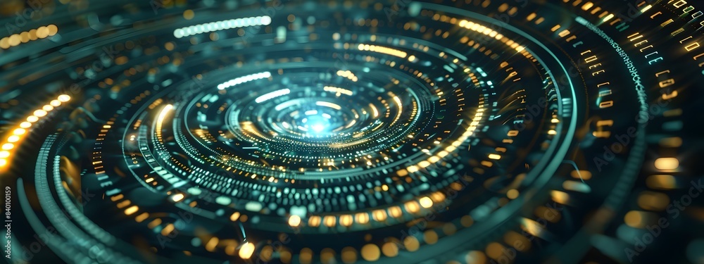 Poster mesmerizing digital depicting a dynamic and intricate spiral pattern of interconnected technological