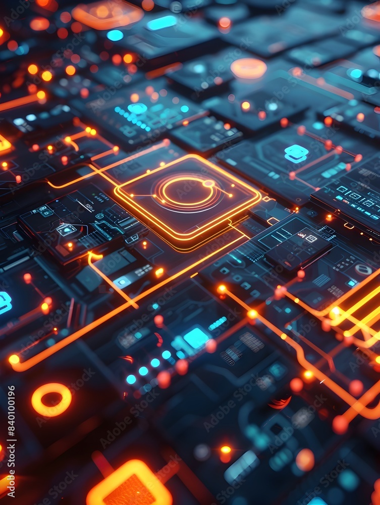 Poster digital data grid a futuristic 3d rendering of glowing tech elements representing the interconnected