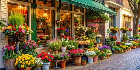 Quaint local florist's storefront with colorful blooms on city sidewalk , flowers, storefront, quaint, local, florist, colorful, blooms, city, sidewalk, vibrant, charming, small business