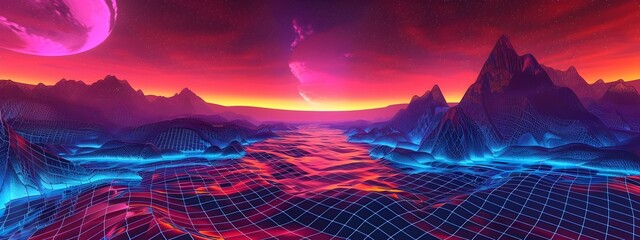 Mesmerizing of an abstract futuristic virtual reality landscape with a glowing neon grid vibrant mountains and a dynamic sunset or sunrise sky