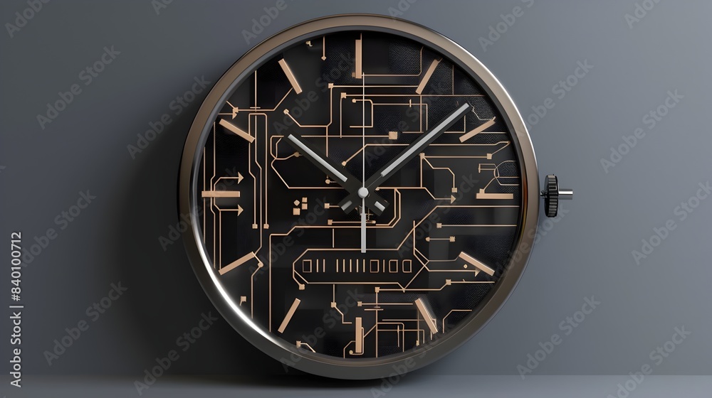 Poster abstract tech clock design futuristic digital time display with geometric circuit board patterns and